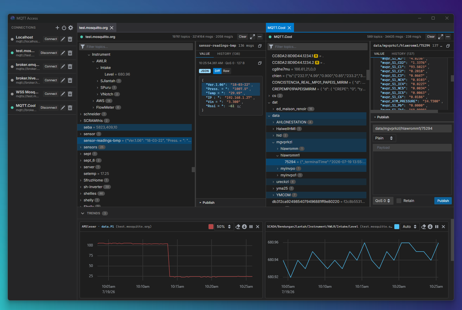 MQTT Access showing two connected brokers, a live topic tree, JSON value diff view, and two live trend charts